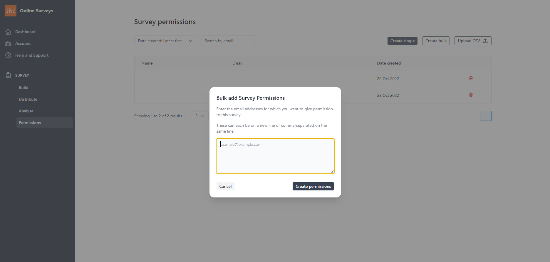 The bulk add survey permissions modal