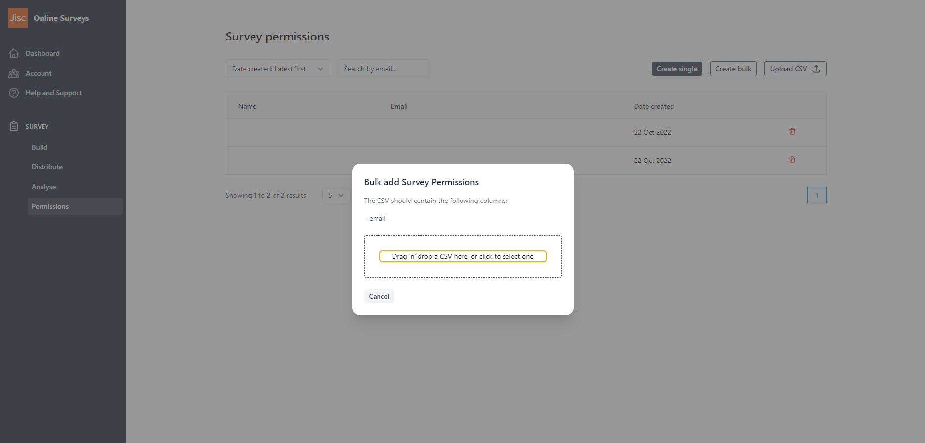 The bulk add survey permissions modal