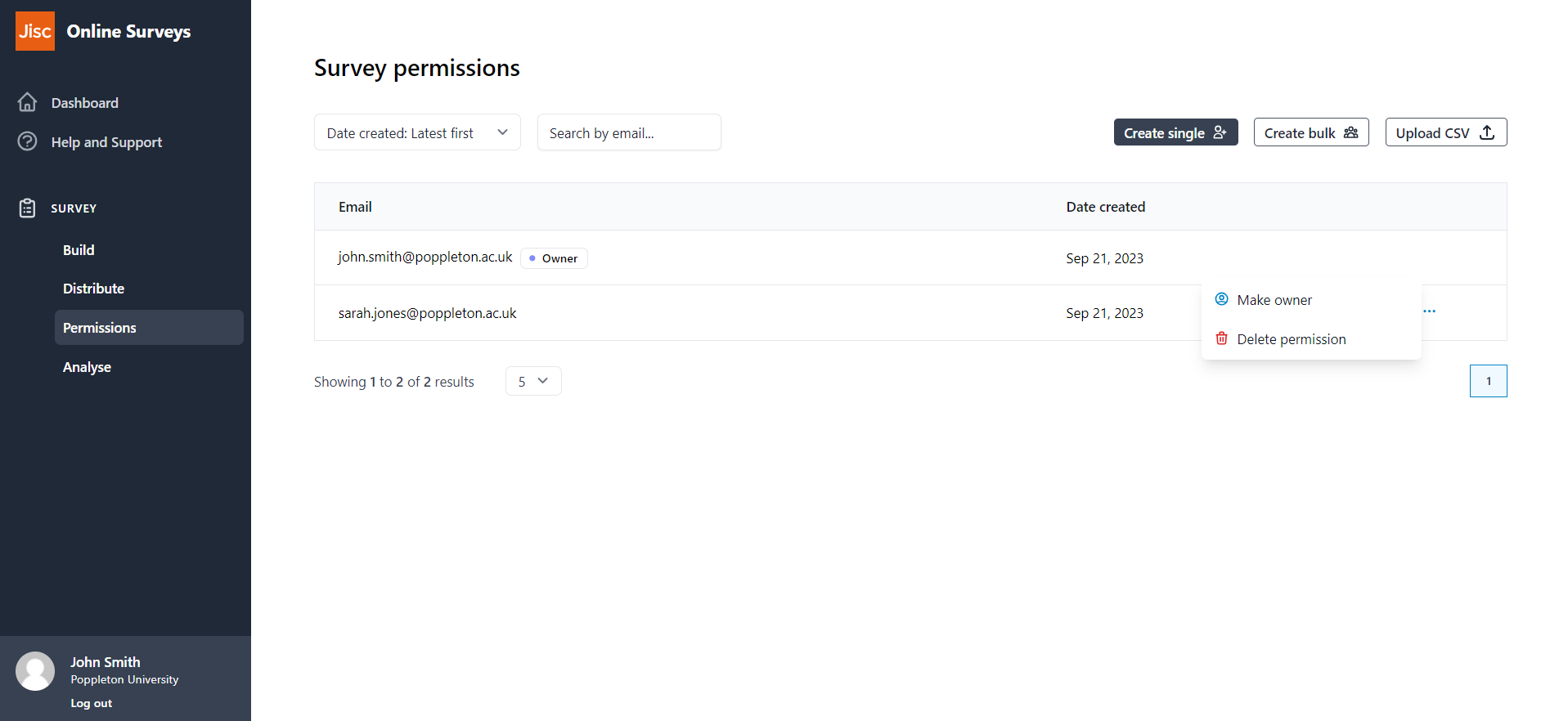 The Survey permissions page with the actions menu expanded for a user in the list.