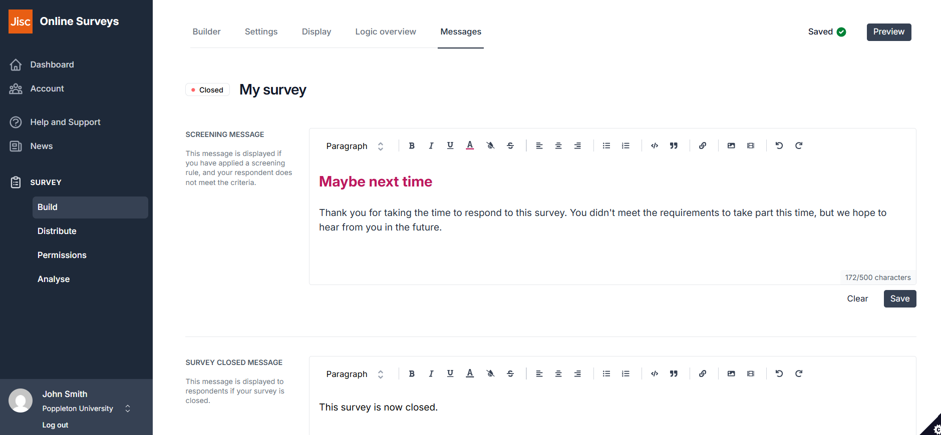 An example of the Messages page with a custom Screening message added.