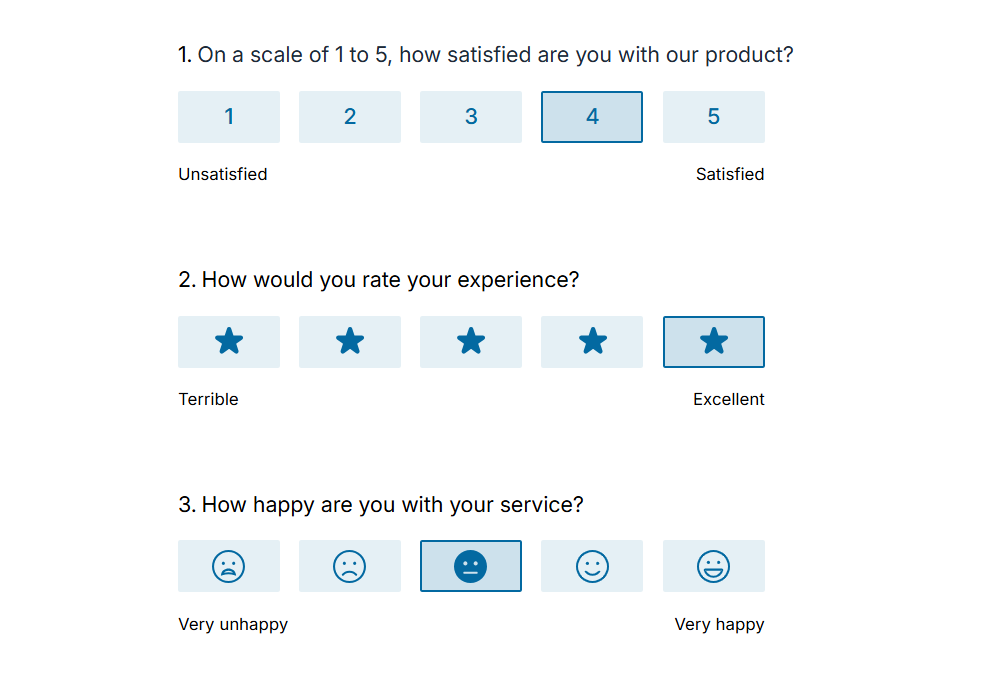 Three examples of a Rating question, using Numeric, Star and Smiley scales.