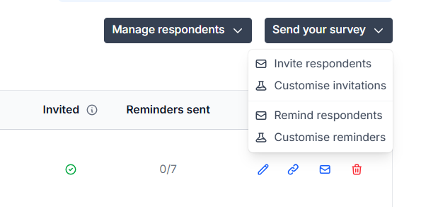 An image of the Send your survey menu expanded to show options to customise or send invitations and reminders.