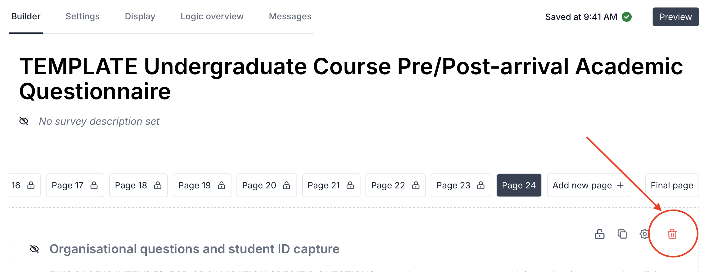 Arrow pointing to the top right of the page to the red bin icon.